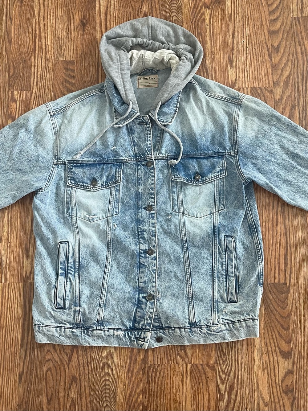 We The Free Free People Camden Denim Hoodie Jacket Size M Oversized Acid Wash